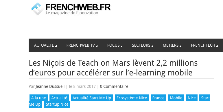 Article Frenchweb.fr. Teach on Mars lève des fonds : 2,2 millions d'euros pour accélérer sur le e-learning mobile