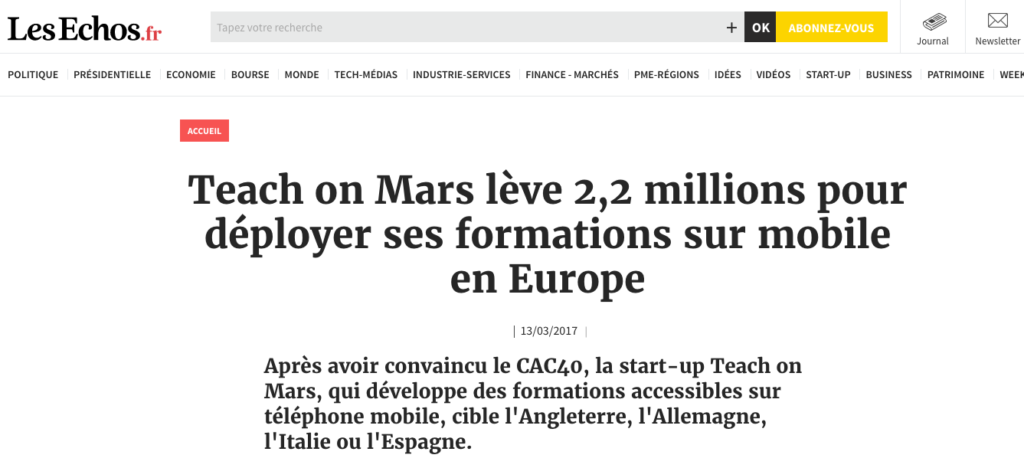 Article Les Echos.fr. Teach on Mars lève des fonds : 2,2 millions d'euros pour déployer ses formations sur mobile en Europe